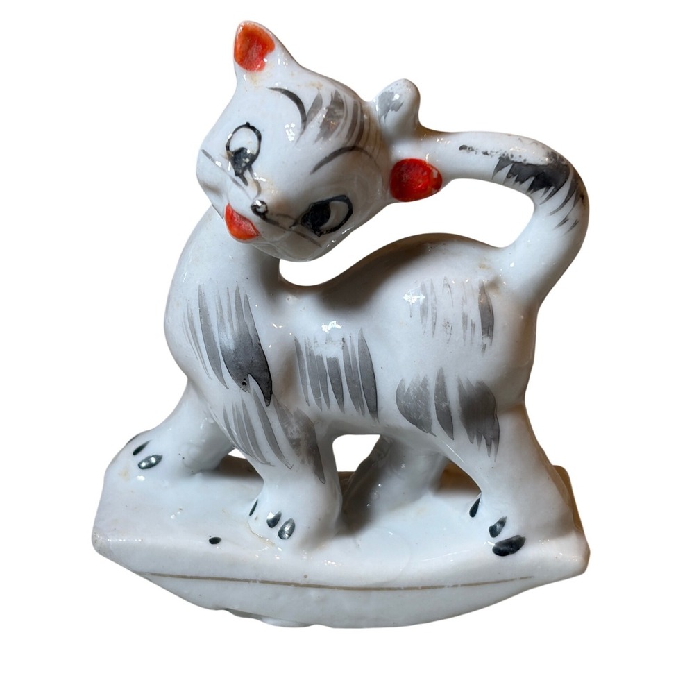 Vintage Japan Rocking Kitty Cat Porcelain Figurine Hand Painted Mid Century